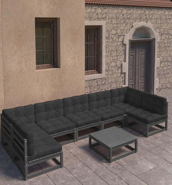 8-tlg. Garten-Lounge-Set mit Kissen Schwarz Massivholz Kiefer