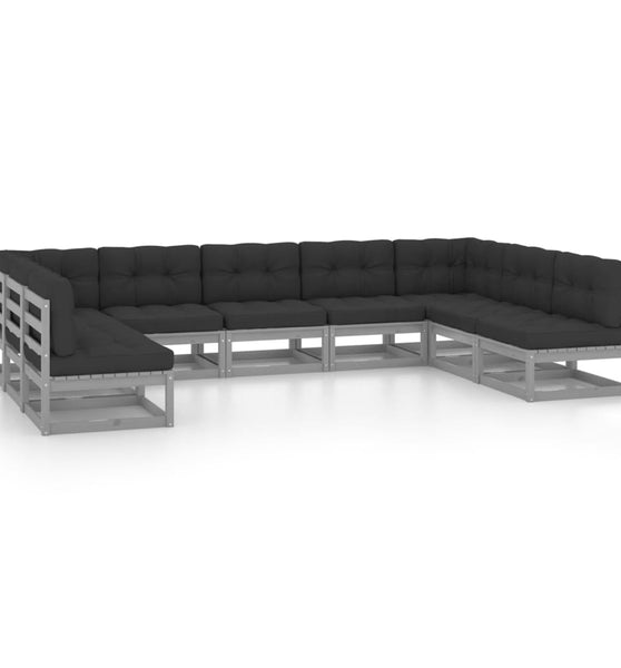 9-tlg. Garten-Lounge-Set mit Kissen Grau Massivholz Kiefer