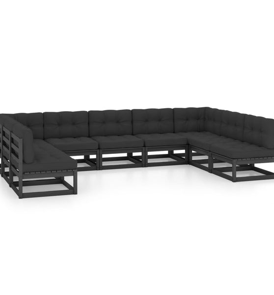 9-tlg. Garten-Lounge-Set mit Kissen Schwarz Massivholz Kiefer