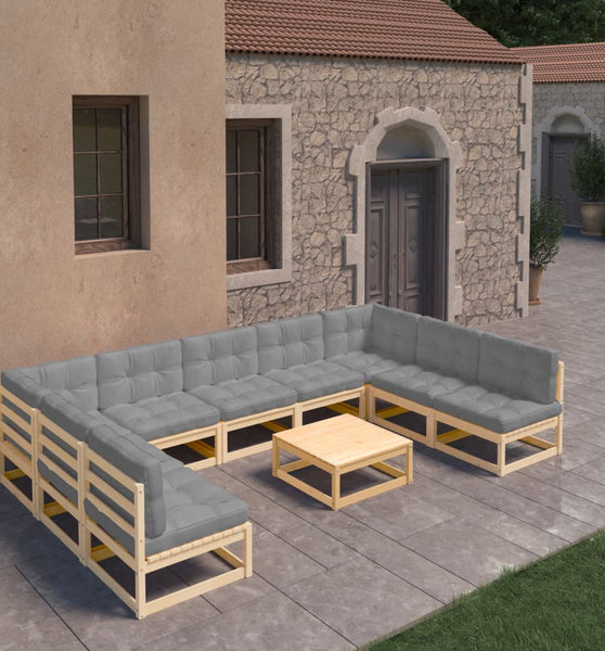 10-tlg. Garten-Lounge-Set mit Kissen Massivholz Kiefer