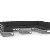 10-tlg. Garten-Lounge-Set mit Kissen Grau Massivholz Kiefer