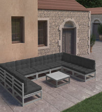 10-tlg. Garten-Lounge-Set mit Kissen Grau Massivholz Kiefer