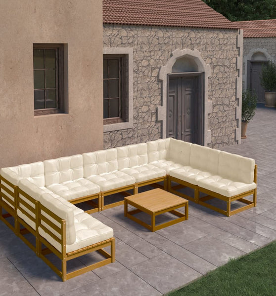 10-tlg. Garten-Lounge-Set mit Kissen Honigbraun Massivholz