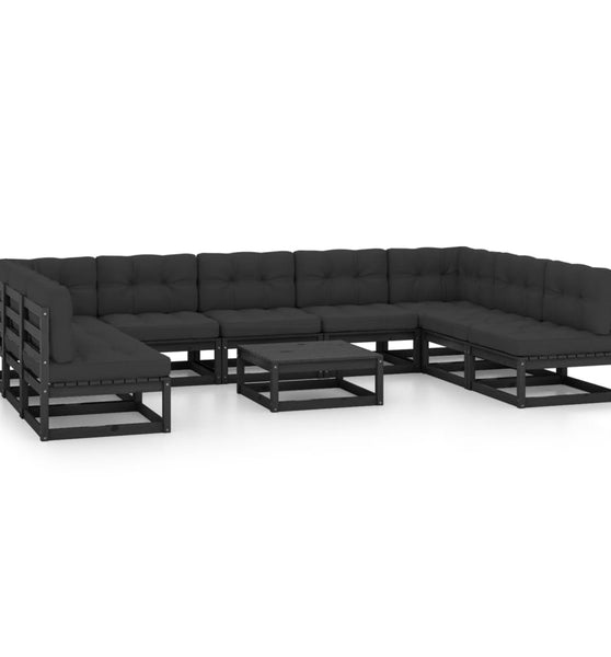 10-tlg. Garten-Lounge-Set mit Kissen Schwarz Massivholz Kiefer