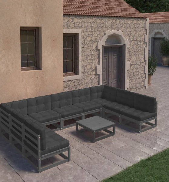 10-tlg. Garten-Lounge-Set mit Kissen Schwarz Massivholz Kiefer