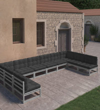 10-tlg. Garten-Lounge-Set mit Kissen Grau Massivholz Kiefer