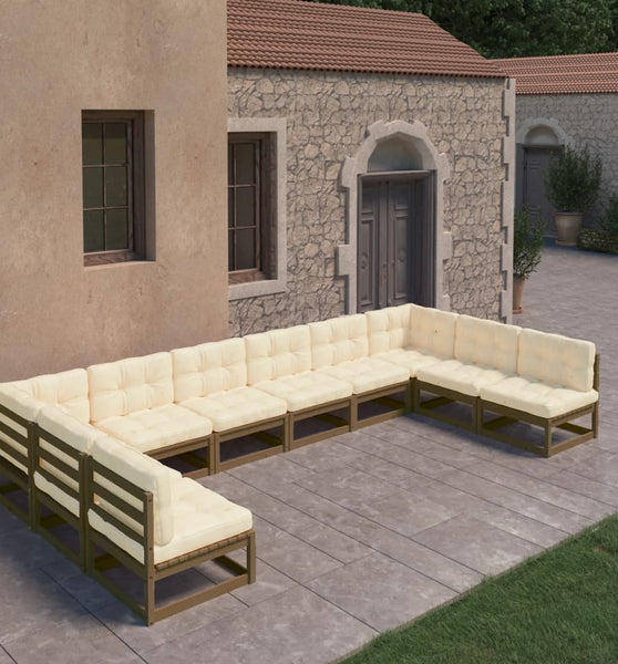 10-tlg. Garten-Lounge-Set mit Kissen Honigbraun Massivholz