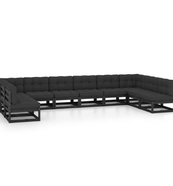 10-tlg. Garten-Lounge-Set mit Kissen Schwarz Massivholz Kiefer