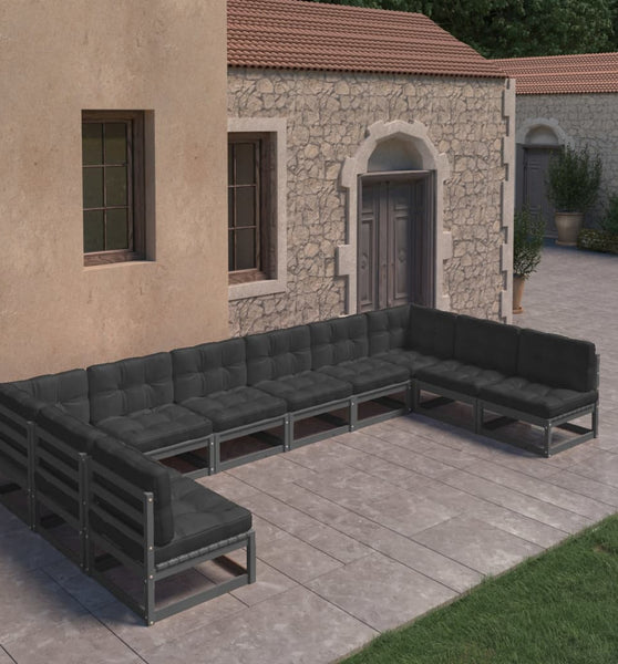 10-tlg. Garten-Lounge-Set mit Kissen Schwarz Massivholz Kiefer