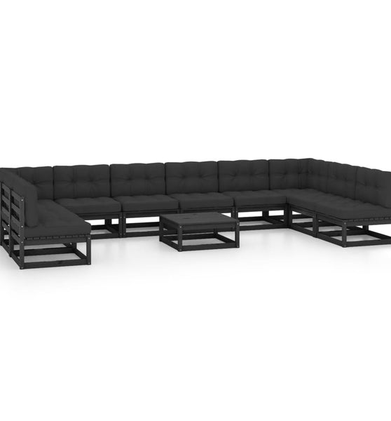 11-tlg. Garten-Lounge-Set mit Kissen Schwarz Kiefer Massivholz