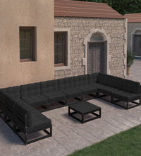 11-tlg. Garten-Lounge-Set mit Kissen Schwarz Kiefer Massivholz