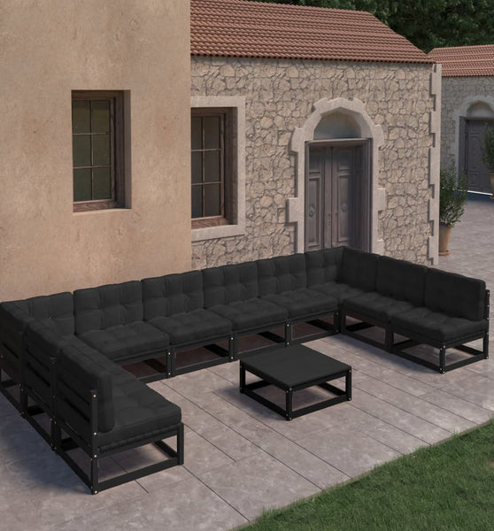 11-tlg. Garten-Lounge-Set mit Kissen Schwarz Kiefer Massivholz