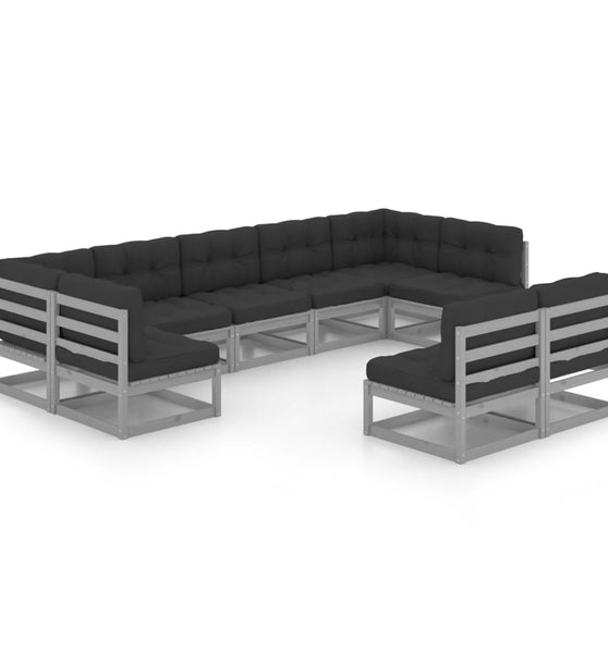 9-tlg. Garten-Lounge-Set mit Kissen Grau Massivholz Kiefer