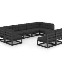 9-tlg. Garten-Lounge-Set mit Kissen Schwarz Massivholz Kiefer