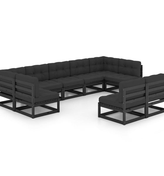 9-tlg. Garten-Lounge-Set mit Kissen Schwarz Massivholz Kiefer