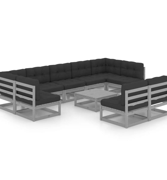 10-tlg. Garten-Lounge-Set mit Kissen Grau Massivholz Kiefer