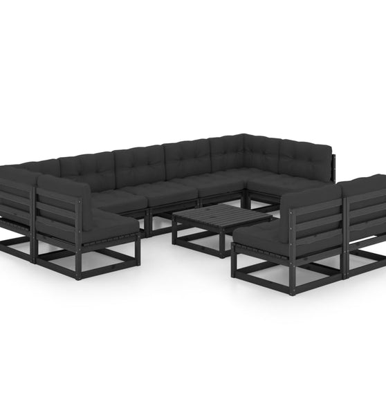 10-tlg. Garten-Lounge-Set mit Kissen Schwarz Massivholz Kiefer