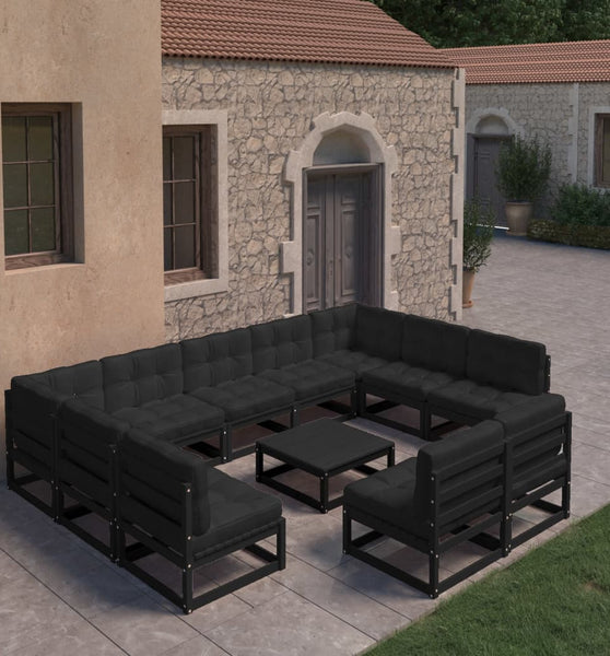 10-tlg. Garten-Lounge-Set mit Kissen Schwarz Massivholz Kiefer