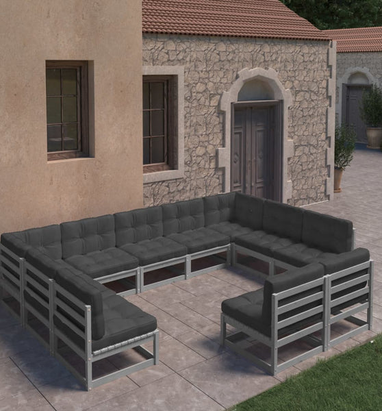 11-tlg. Garten-Lounge-Set mit Kissen Grau Kiefer Massivholz