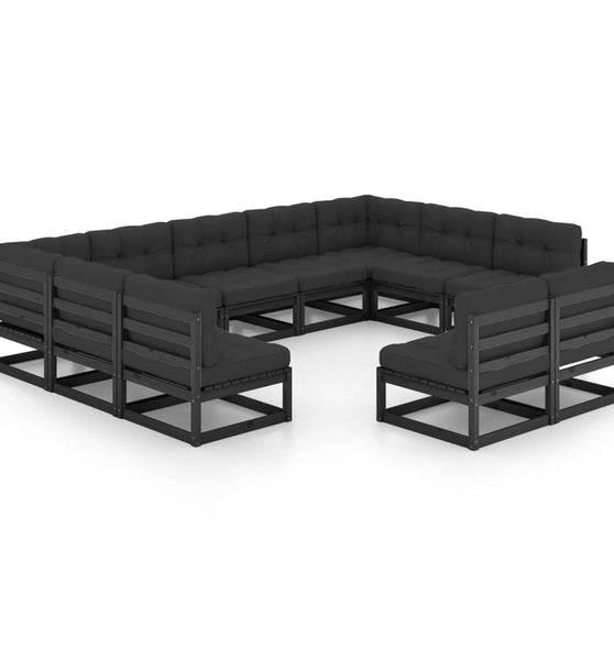 11-tlg. Garten-Lounge-Set mit Kissen Schwarz Kiefer Massivholz