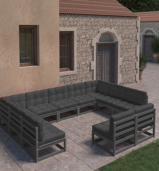 11-tlg. Garten-Lounge-Set mit Kissen Schwarz Kiefer Massivholz