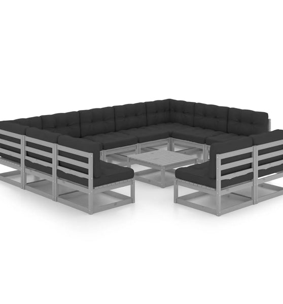 12-tlg. Garten-Lounge-Set mit Kissen Grau Massivholz Kiefer