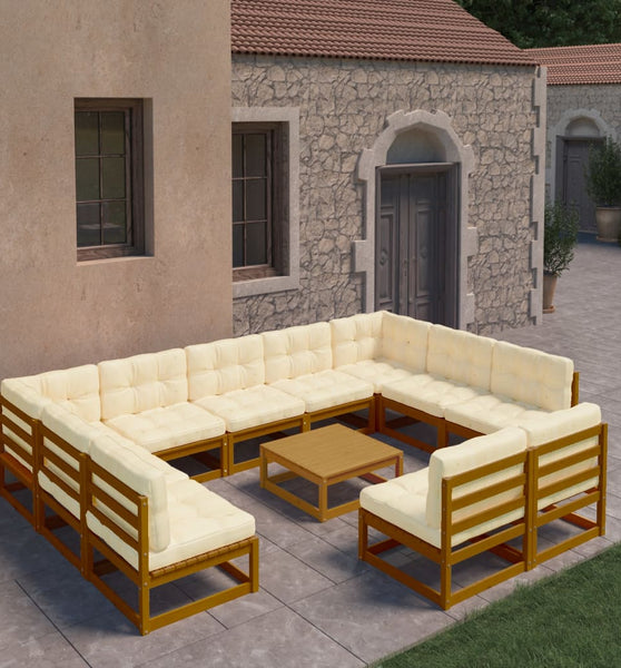 12-tlg. Garten-Lounge-Set mit Kissen Honigbraun Massivholz