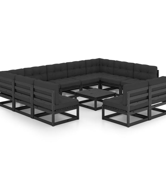 12-tlg. Garten-Lounge-Set mit Kissen Schwarz Massivholz Kiefer