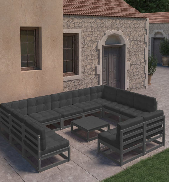 12-tlg. Garten-Lounge-Set mit Kissen Schwarz Massivholz Kiefer