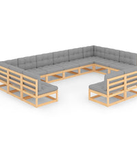 12-tlg. Garten-Lounge-Set mit Kissen Massivholz Kiefer