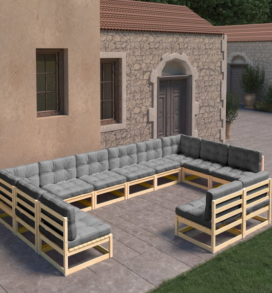 12-tlg. Garten-Lounge-Set mit Kissen Massivholz Kiefer