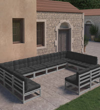 12-tlg. Garten-Lounge-Set mit Kissen Grau Massivholz Kiefer