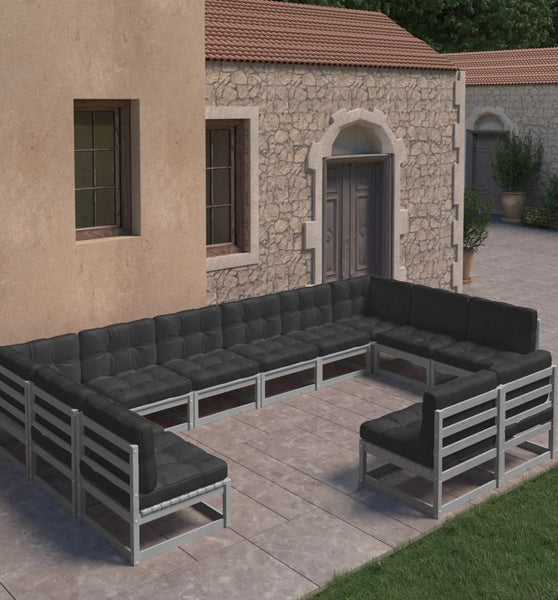 12-tlg. Garten-Lounge-Set mit Kissen Grau Massivholz Kiefer