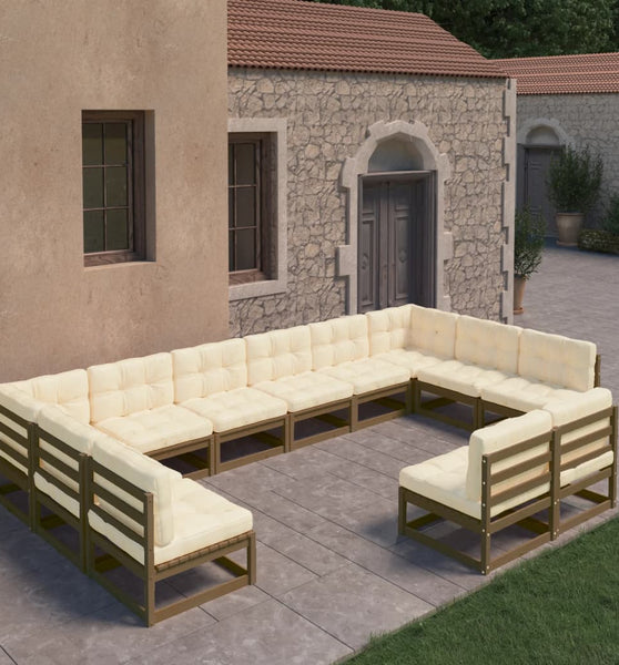 12-tlg. Garten-Lounge-Set mit Kissen Honigbraun Massivholz