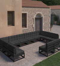 12-tlg. Garten-Lounge-Set mit Kissen Schwarz Massivholz Kiefer