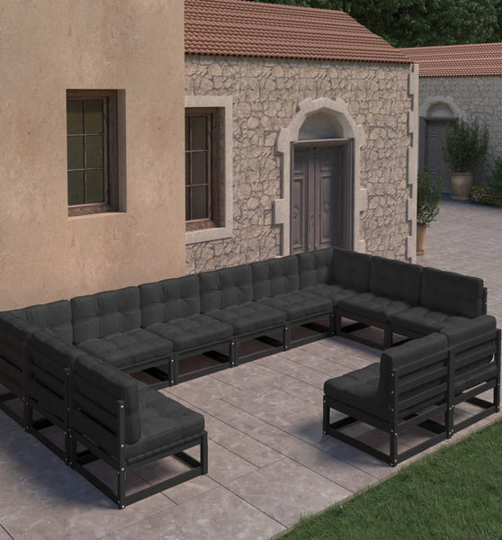 12-tlg. Garten-Lounge-Set mit Kissen Schwarz Massivholz Kiefer