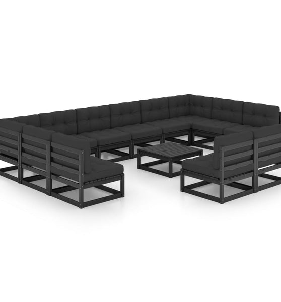 13-tlg. Garten-Lounge-Set mit Kissen Schwarz Massivholz Kiefer