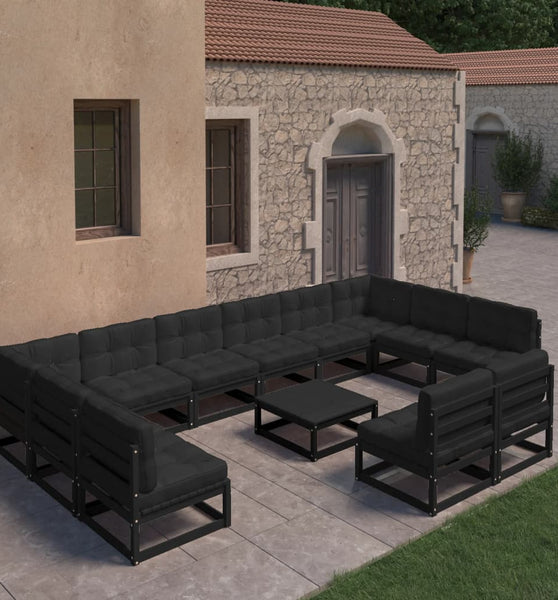 13-tlg. Garten-Lounge-Set mit Kissen Schwarz Massivholz Kiefer