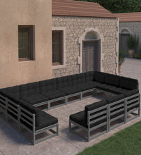 13-tlg. Garten-Lounge-Set mit Kissen Grau Massivholz Kiefer