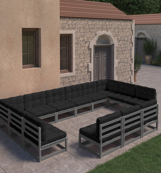 13-tlg. Garten-Lounge-Set mit Kissen Grau Massivholz Kiefer