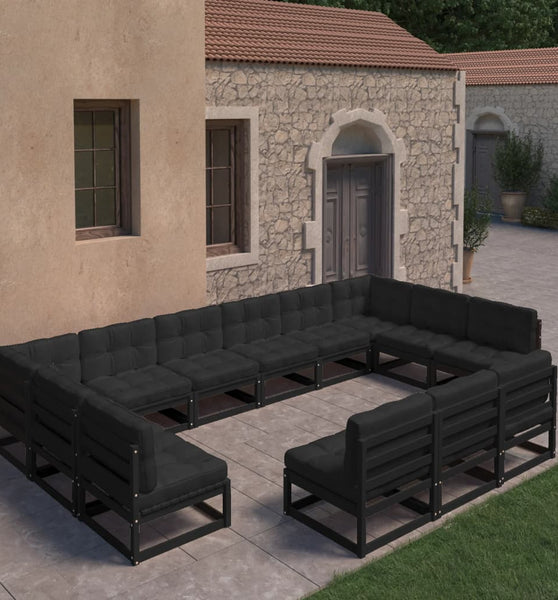 13-tlg. Garten-Lounge-Set mit Kissen Schwarz Massivholz Kiefer