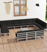 14-tlg. Garten-Lounge-Set mit Kissen Grau Massivholz Kiefer