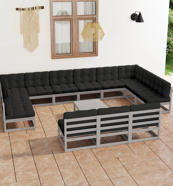 14-tlg. Garten-Lounge-Set mit Kissen Grau Massivholz Kiefer