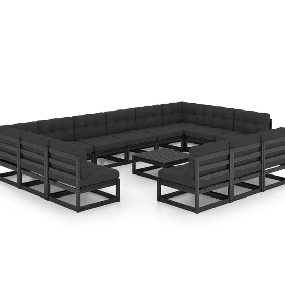 14-tlg. Garten-Lounge-Set mit Kissen Schwarz Massivholz Kiefer