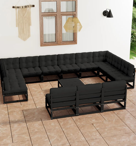 14-tlg. Garten-Lounge-Set mit Kissen Schwarz Massivholz Kiefer