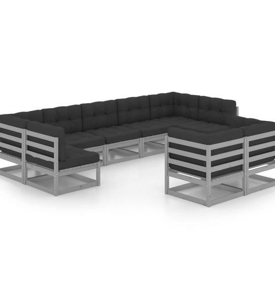 9-tlg. Garten-Lounge-Set mit Kissen Grau Massivholz Kiefer