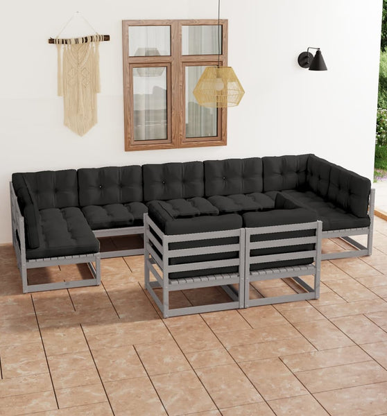 9-tlg. Garten-Lounge-Set mit Kissen Grau Massivholz Kiefer