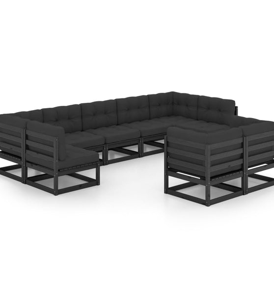 9-tlg. Garten-Lounge-Set mit Kissen Schwarz Massivholz Kiefer