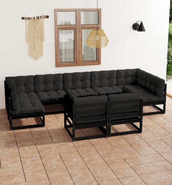 9-tlg. Garten-Lounge-Set mit Kissen Schwarz Massivholz Kiefer