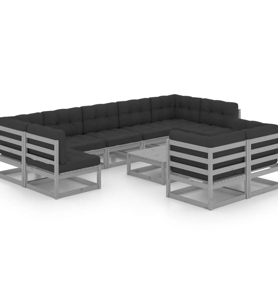 10-tlg. Garten-Lounge-Set mit Kissen Grau Massivholz Kiefer